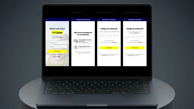 Diseño UX/UI app Lizzo: registro, validación OTP y pantalla principal con pagos