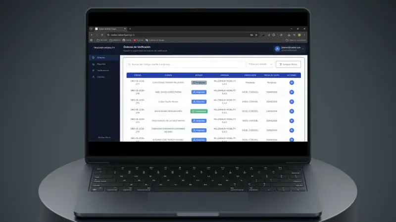 Tracker Mobility: listado de órdenes de servicio con filtros por estado y cliente